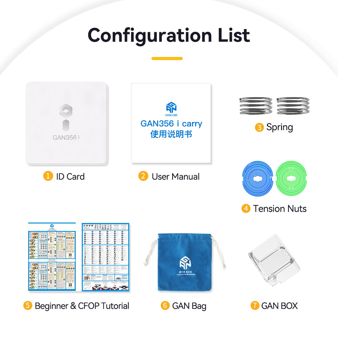GAN356 i carry cube kit contents including ID card, user manual, springs, tension nuts, tutorial, bag, and box