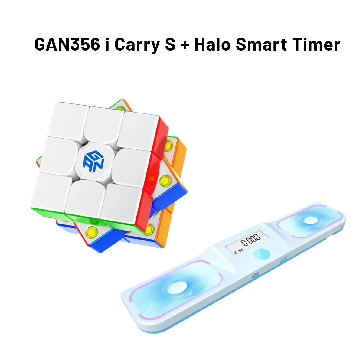 GAN356 i Carry S Rubik's Cube with Halo Smart Timer gadget on white background