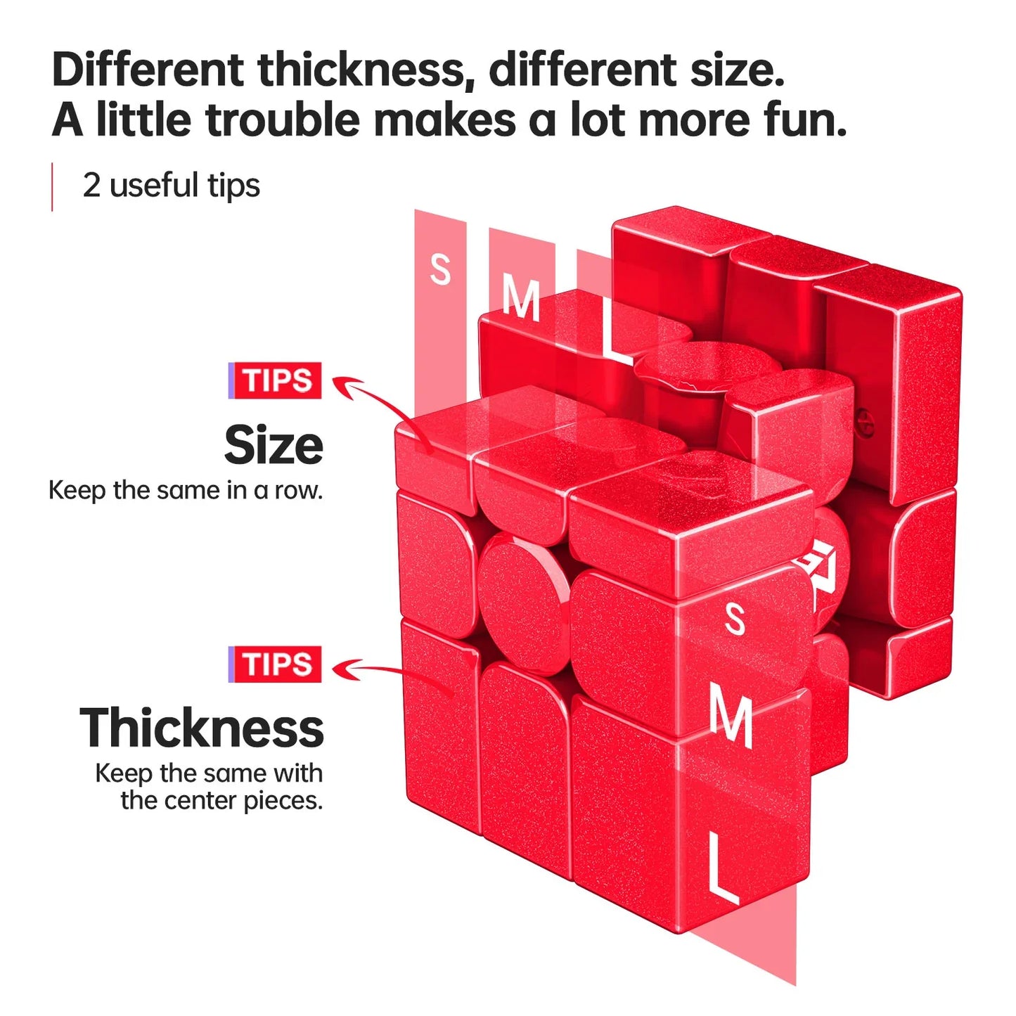 Red GAN Cube Mirror M puzzle highlighting size and thickness tips for matching pieces