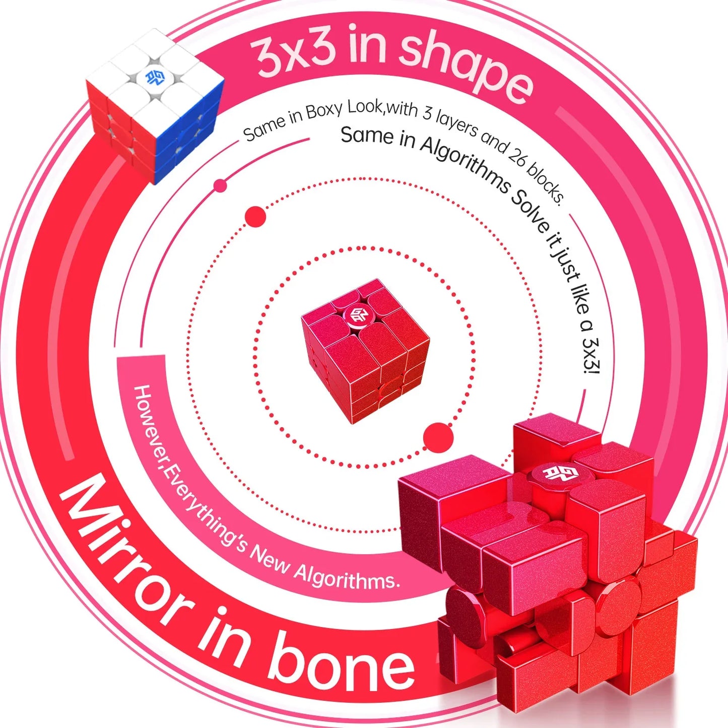 Red GAN Cube Mirror M 3x3 shape puzzle showing solved and scrambled views with algorithm text