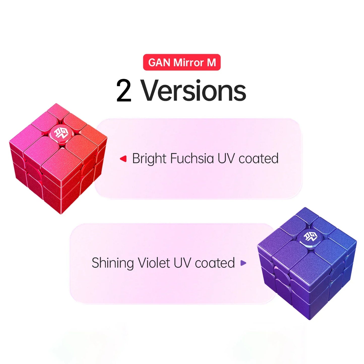 GAN Mirror M speed cubes in two versions: bright fuchsia and shining violet, both UV coated