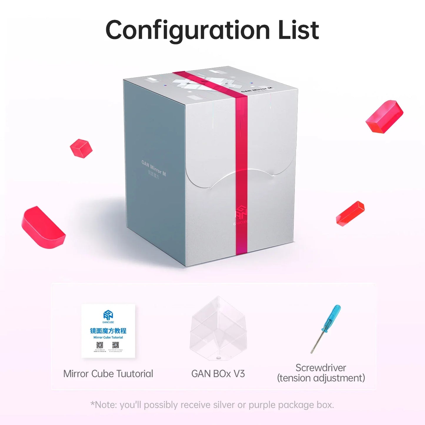 GAN Mirror M puzzle cube packaging with red ribbon and included tutorial booklet, storage box, and screwdriver
