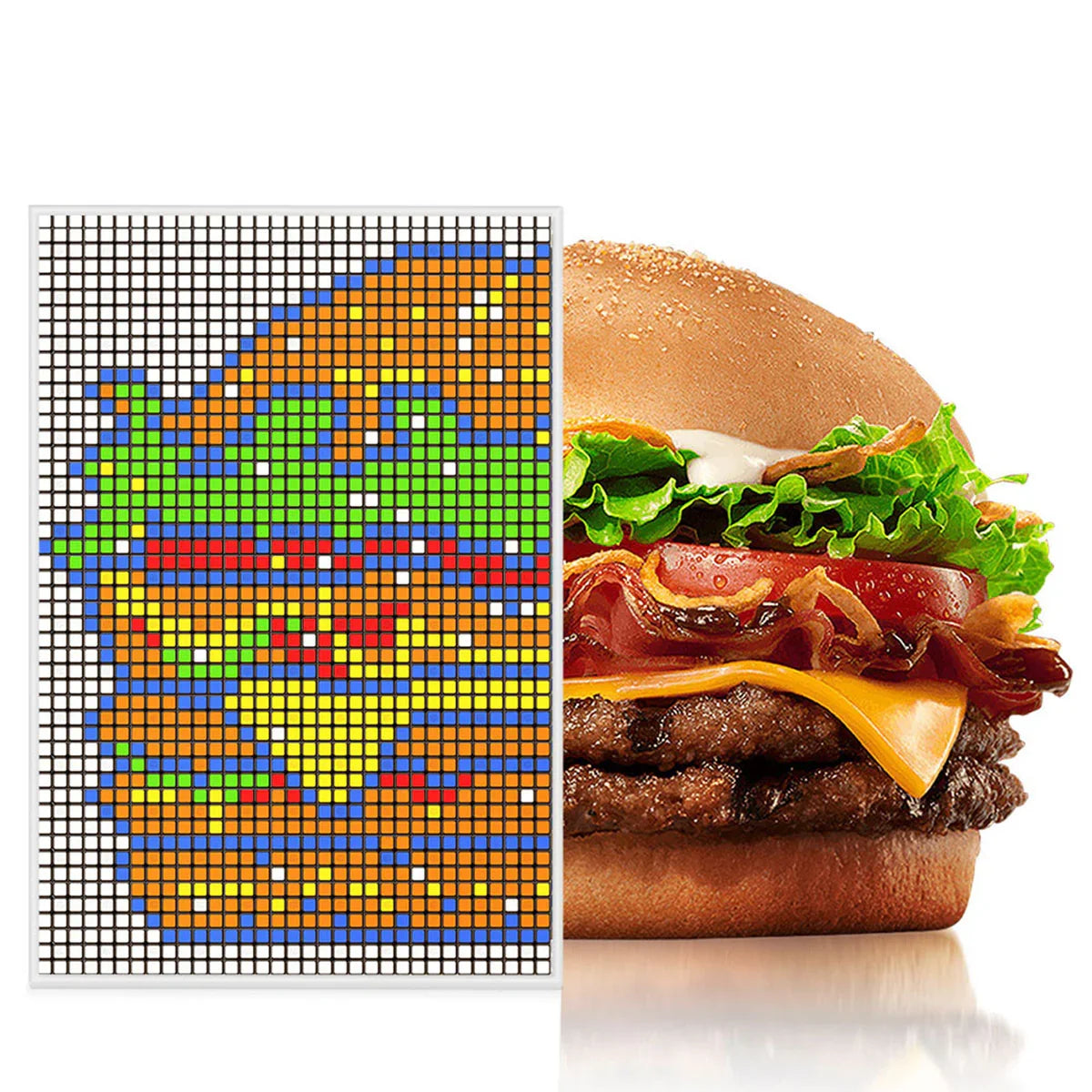 Pixel art mosaic of cheeseburger with lettuce, tomato, bacon, and double beef patties next to real burger