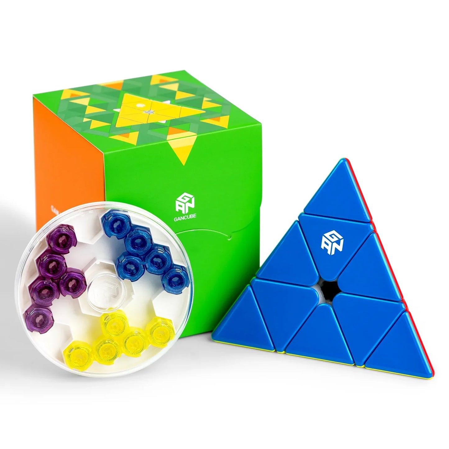 Blue GAN Cube Pyraminx M twist puzzle with colorful tensioning parts and green packaging box