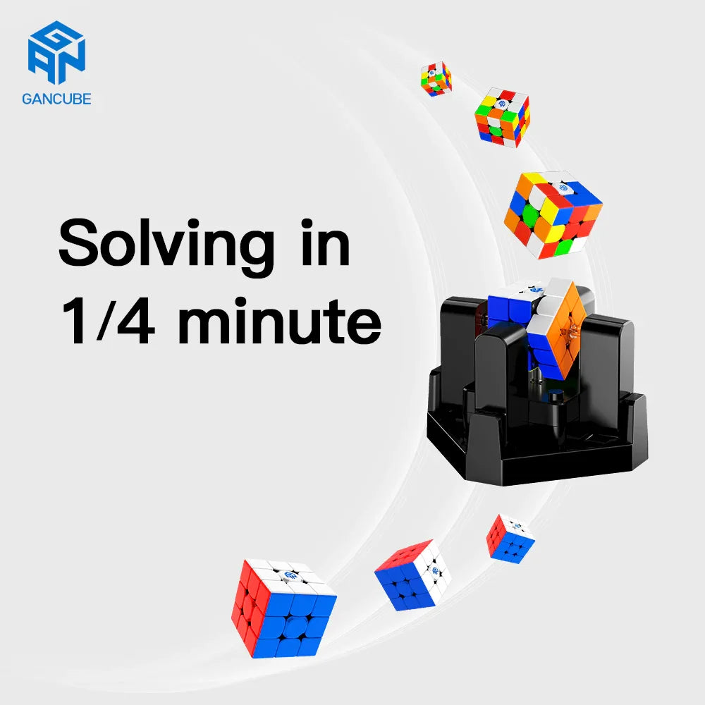 Gancube robot solving a colorful Rubik's Cube in 1/4 minute with motion trail effect