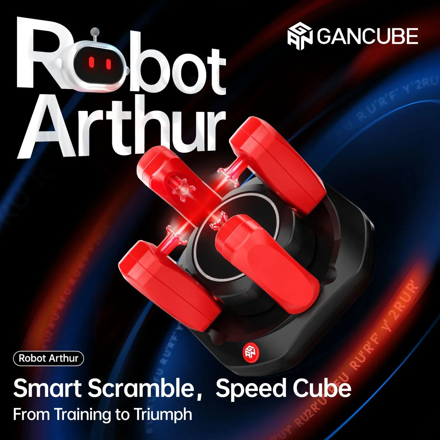 GANCube Robot Arthur speed cube smart scramble device with red robot arms on black base