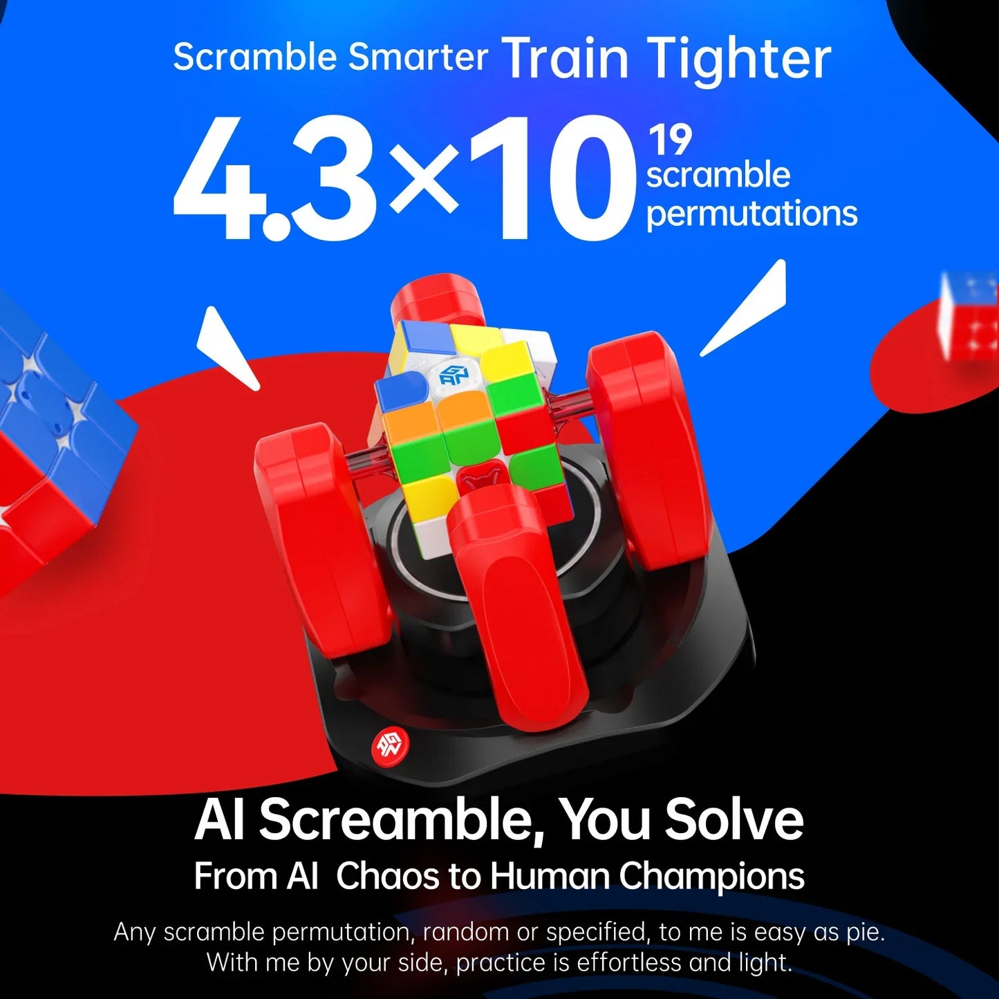 GAN Robot V2 with AI scramble for Rubik's Cube showing 4.3x10^19 scramble permutations, training tool