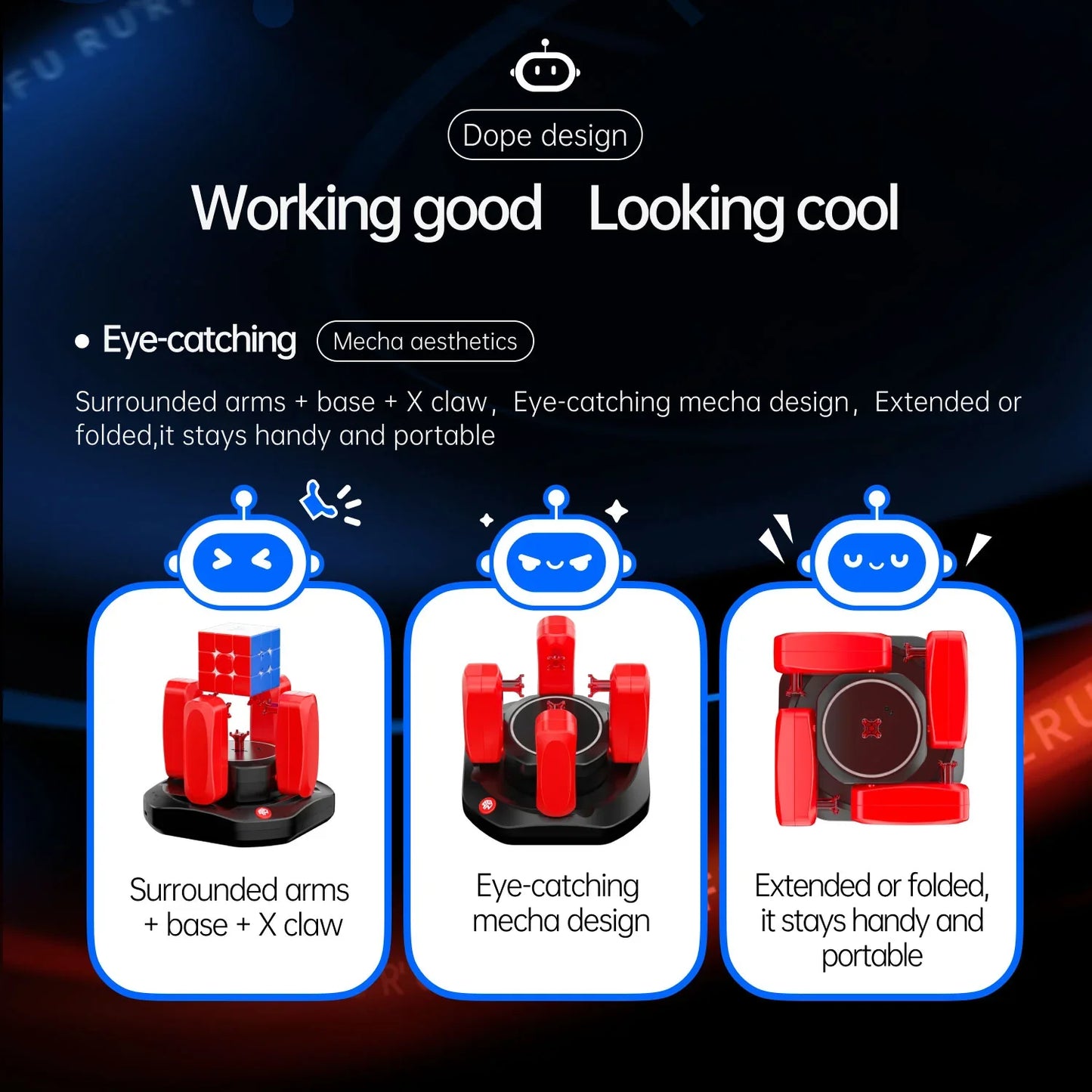 Red Gancube Robot V2 with surrounded arms and X claw on black base, portable mecha design
