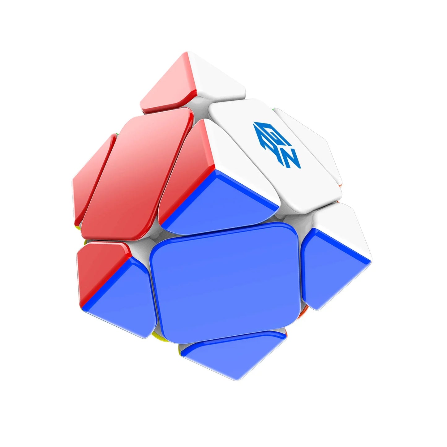 GanCube Skewb M7 puzzle cube with red, blue, and white triangular pieces and Gan logo