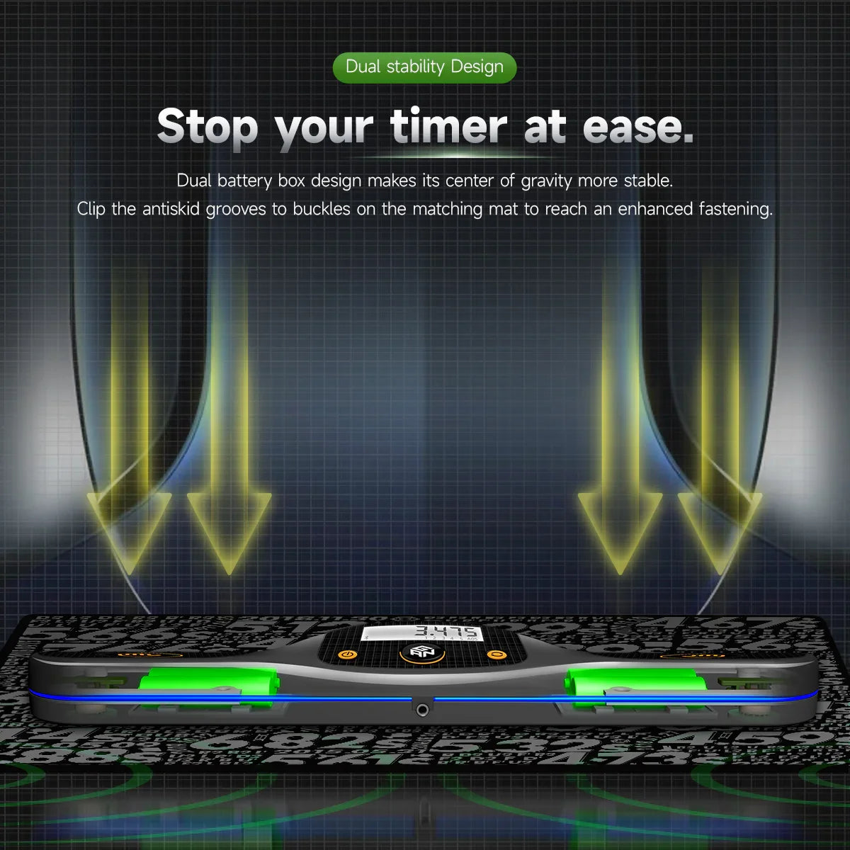 Gancube smart timer features dual battery box for stability with anti-skid grooves on matching mat