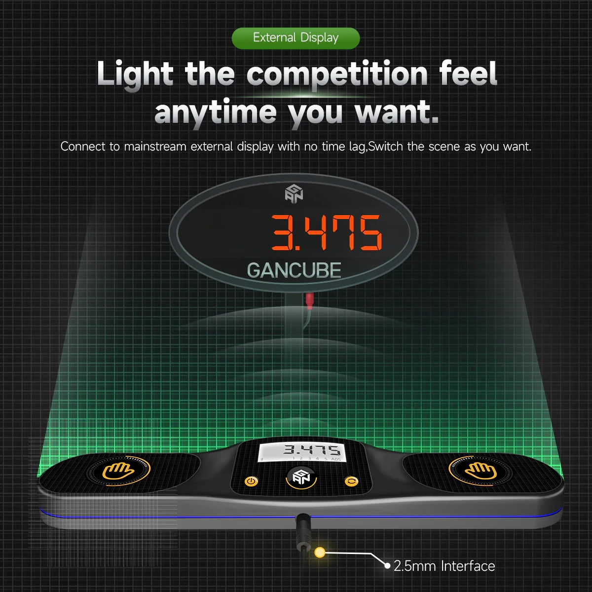 GAN Cube smart timer with external display showing 3.475 seconds, 2.5mm interface connection