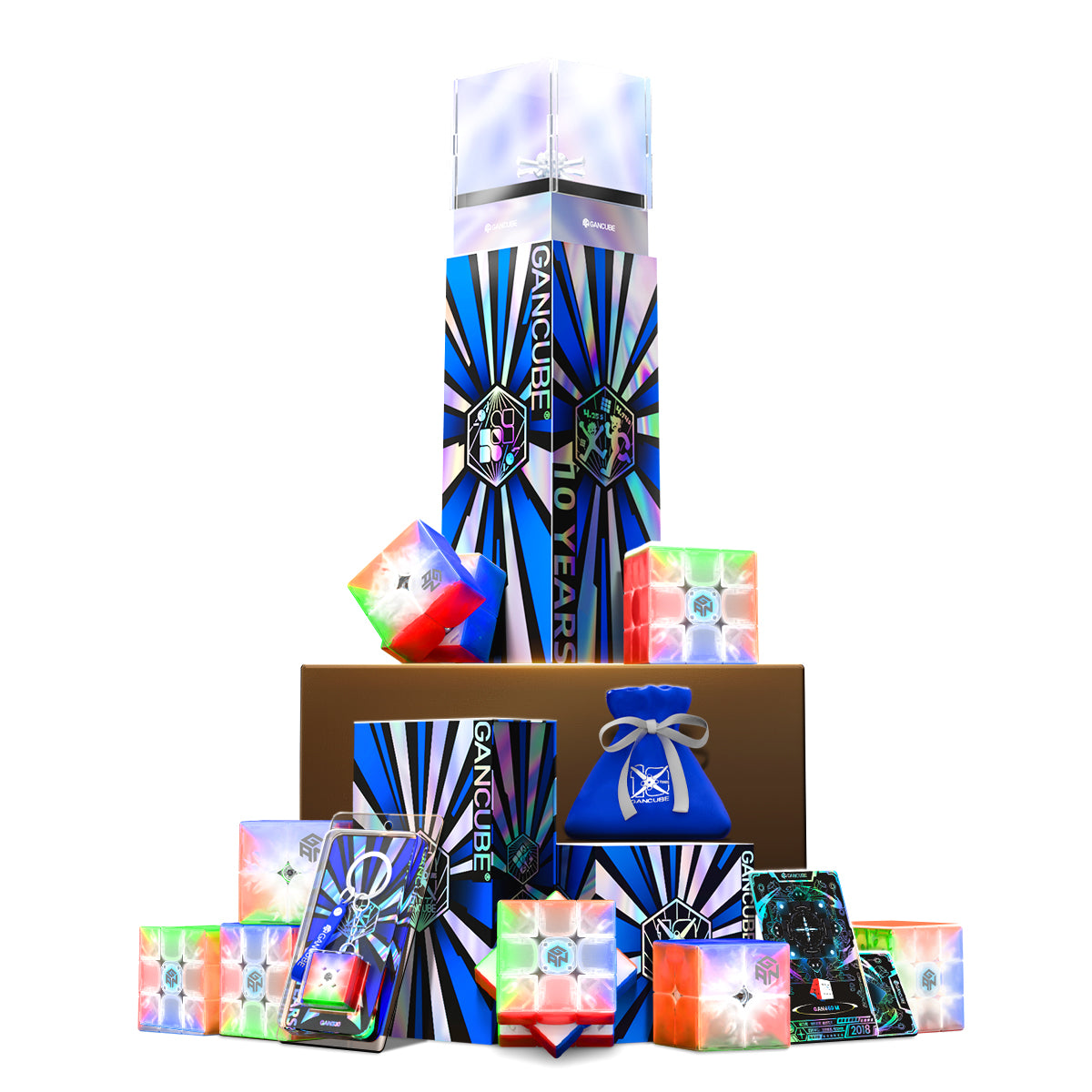 GanCube 10 Years Collection showcasing multiple colorful Rubik's cubes and special edition packaging