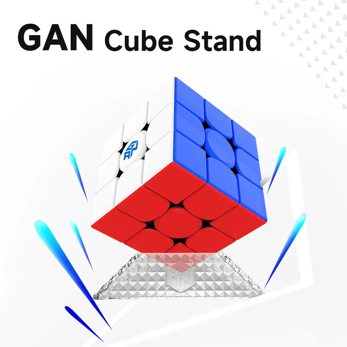 Gan Cube displayed on a transparent triangular stand with white, blue, and red faces