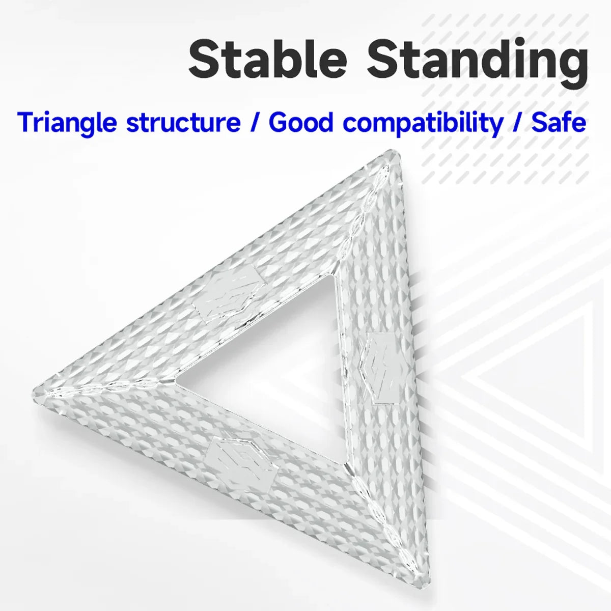 Silver textured triangular stand with hollow center demonstrating stable triangle structure for good compatibility and safety