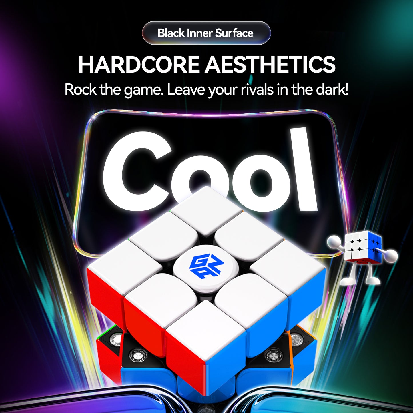 Magnetic speed cube puzzle with black inner surface and vibrant glowing effects, promoting hardcore aesthetics