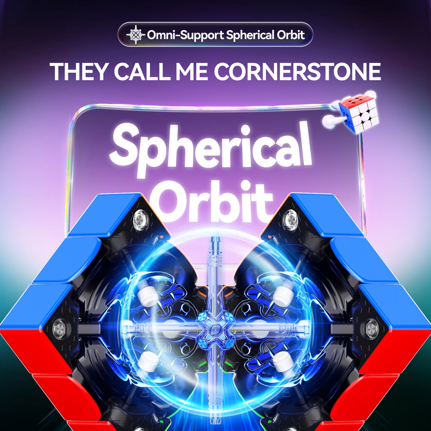 Close-up of a blue and red speed cube mechanism highlighting Spherical Orbit corner design