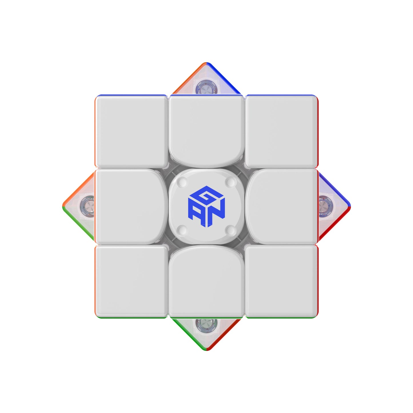 White puzzle cube with colorful edges on a white background
