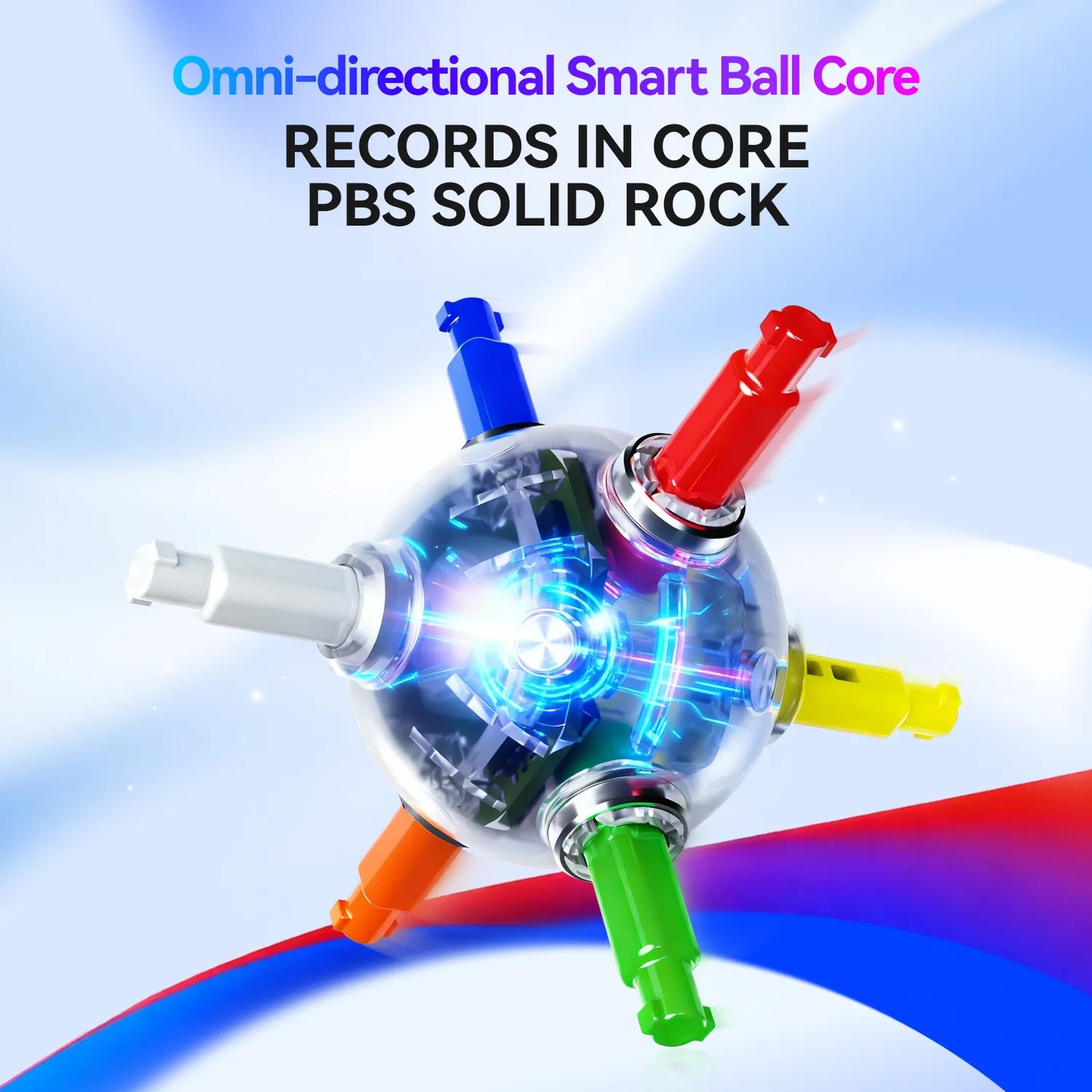Omni-directional smart ball core with colorful nozzles on a blue and white background
