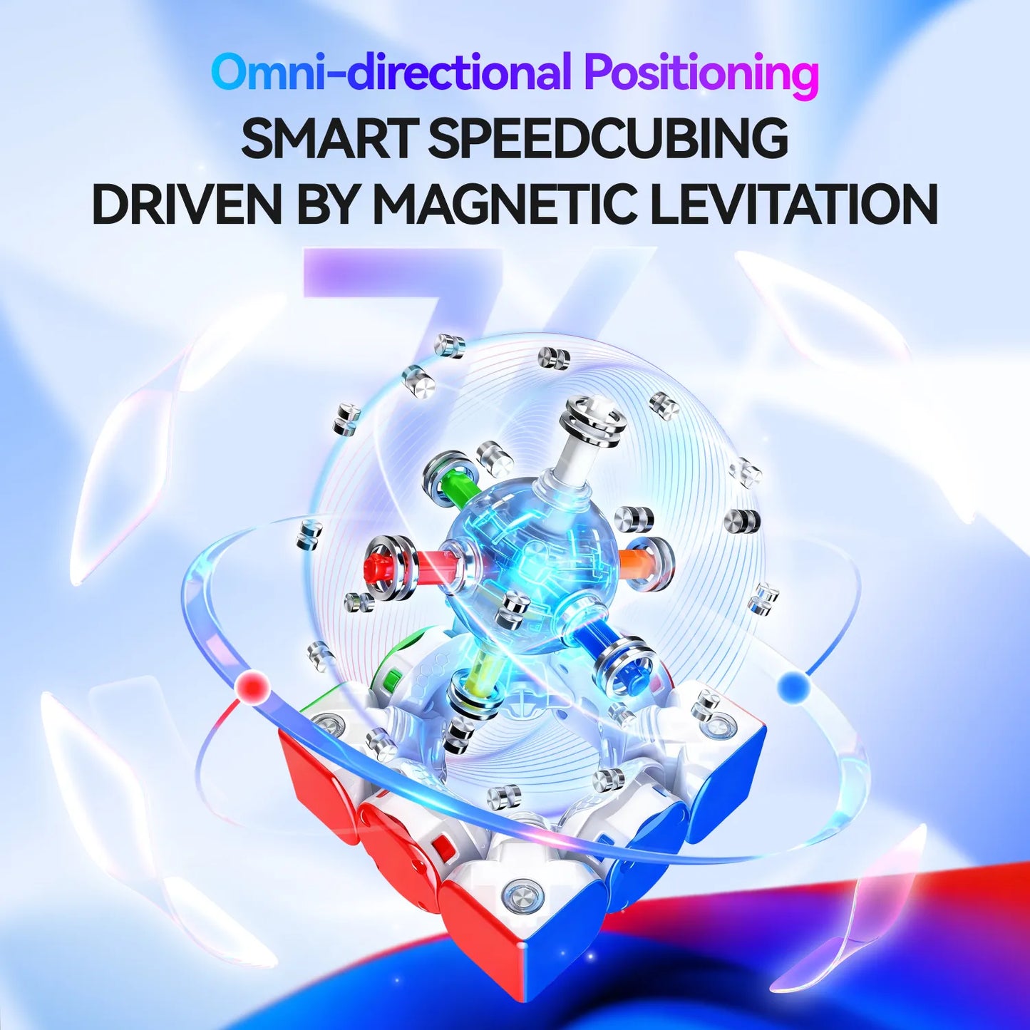 Smart speedcubing device with magnetic levitation on a blue and white background
