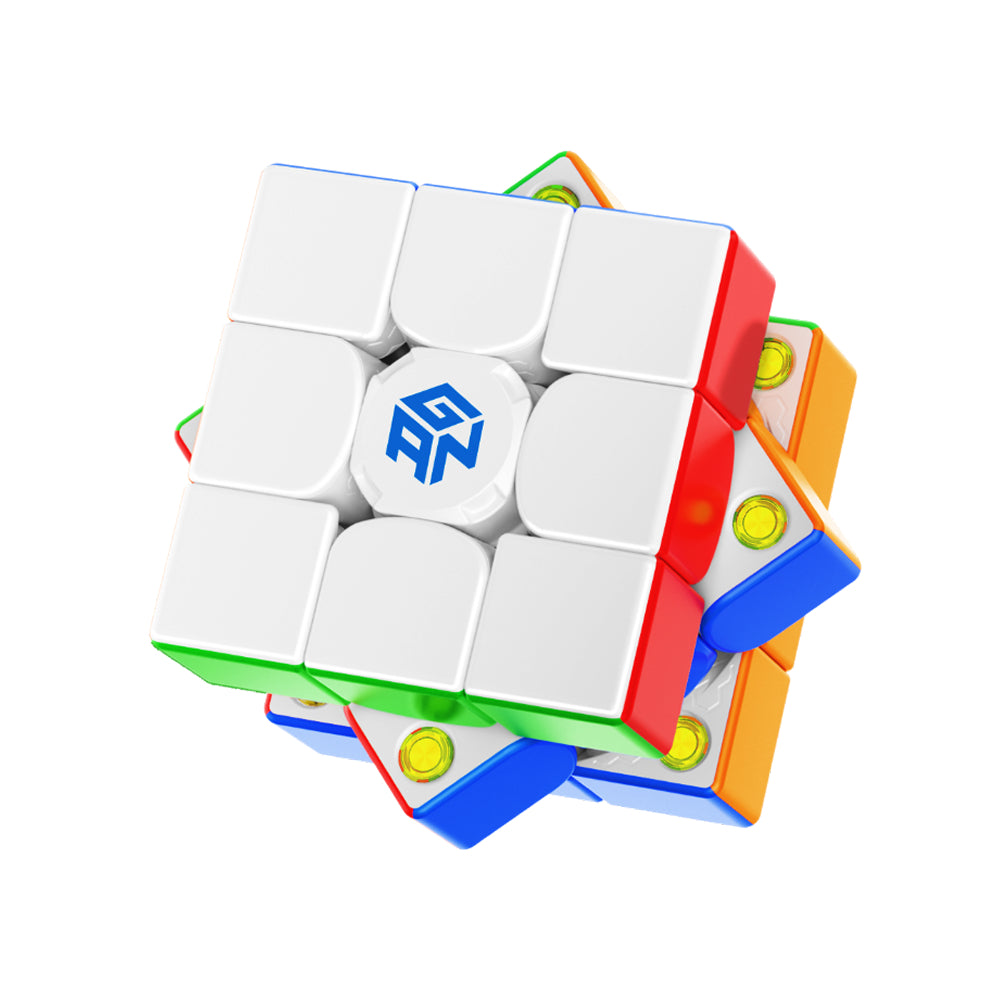 GAN 3x3 speed cube puzzle in white, partially twisted, showing colored stickers and logo