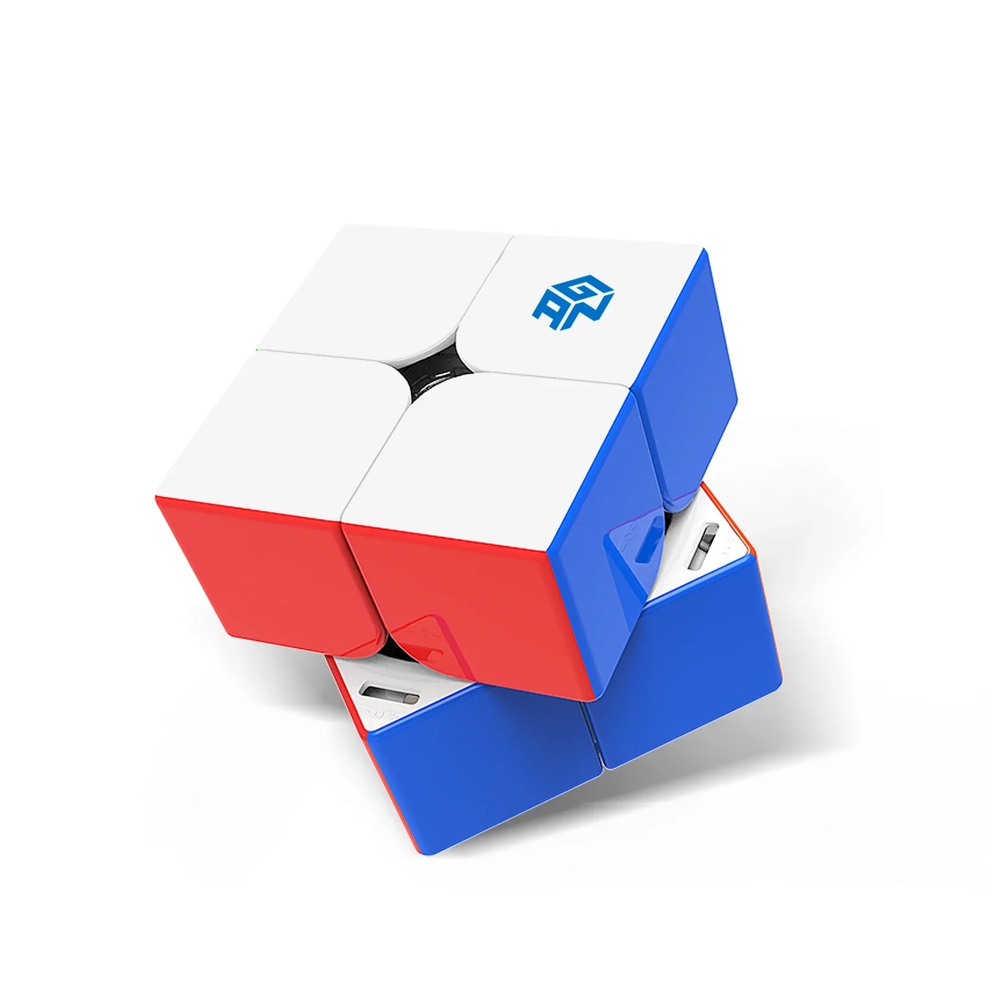 2x2 speed cube puzzle with white, red, and blue tiles, featuring adjustable tension mechanism