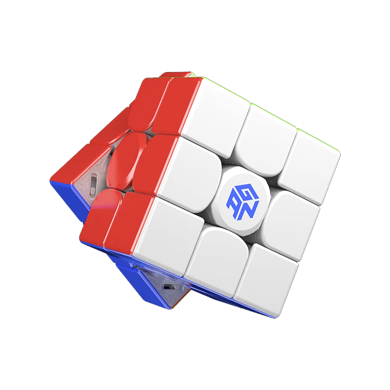 3x3 speed cube puzzle with white and red stickers and blue GAN logo center piece