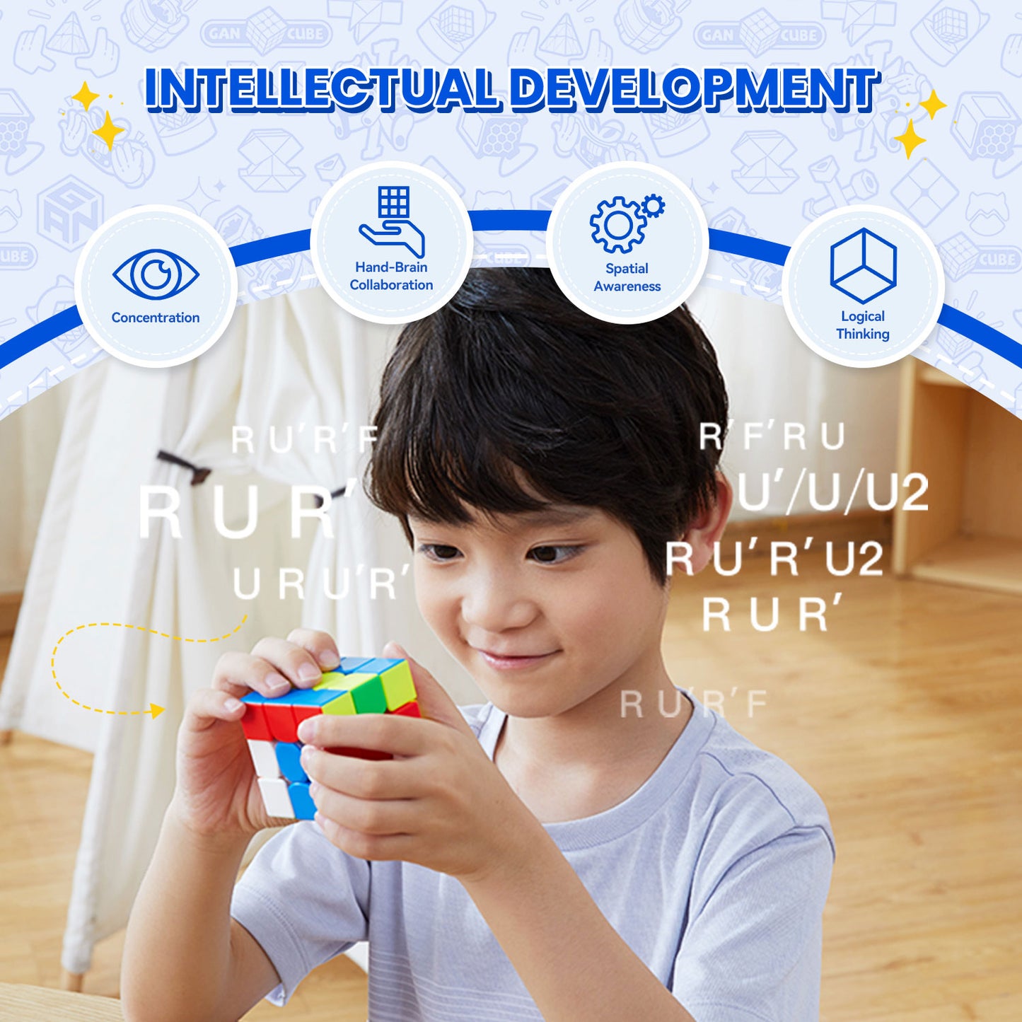 Young boy solving colorful Rubik's Cube indoors highlighting intellectual development benefits
