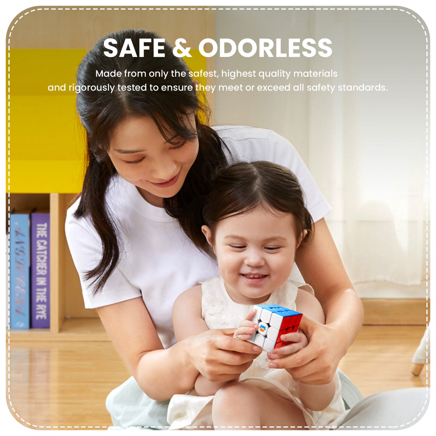 Smiling mother and daughter playing with a safe, odorless 3x3 Rubik's cube puzzle at home