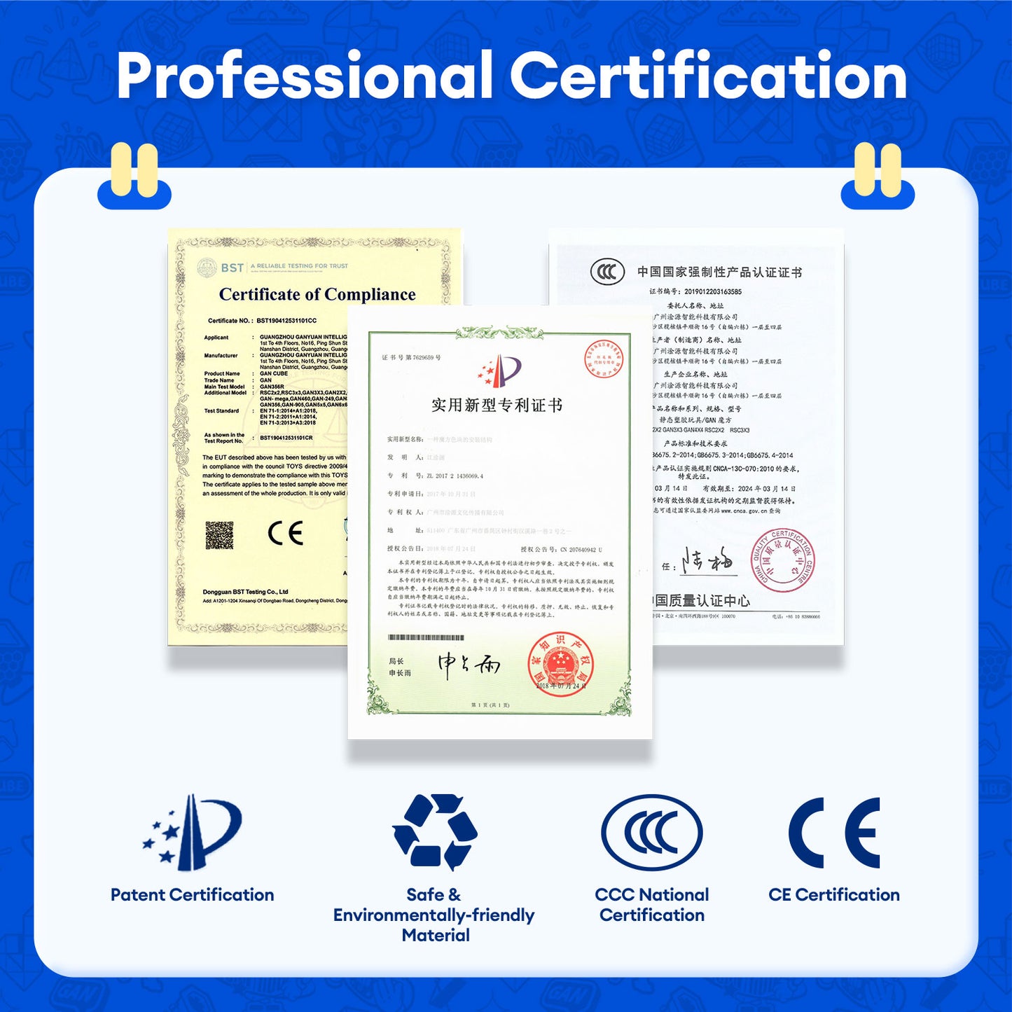 Professional certification display featuring patent, environmentally-friendly material, CCC national, and CE certificates
