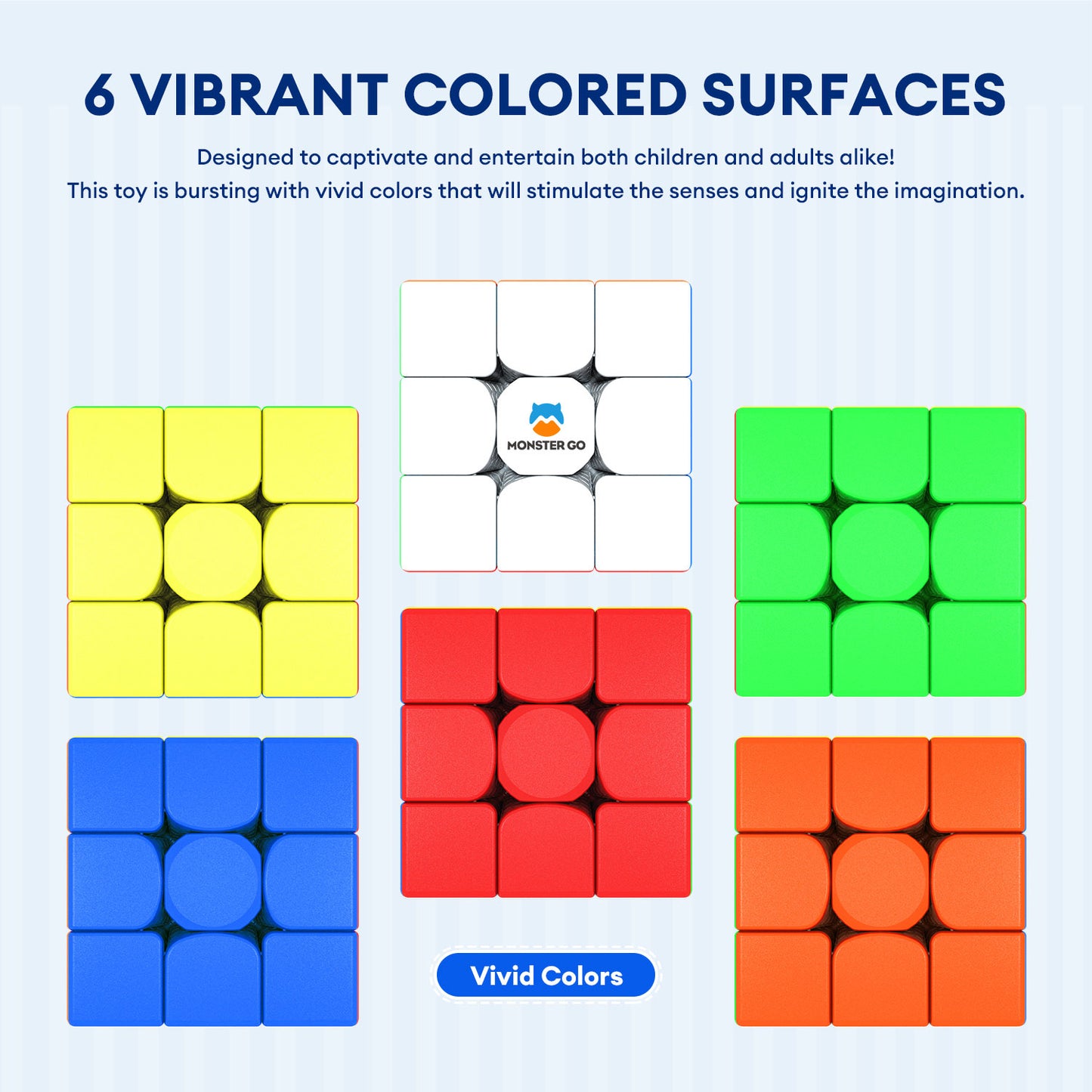 Six vibrant colored puzzle cube faces in yellow, white, green, blue, red, and orange with Monster Go logo
