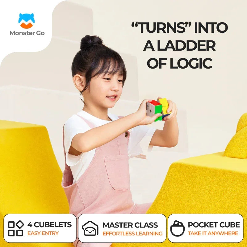 Young girl solving colorful 2x2 Monster Go puzzle cube with yellow blocks and learning icons