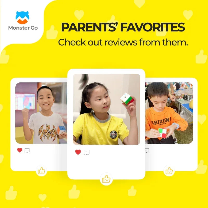 Kids solving Monster Go 2x2 puzzle cubes featured as parents' favorites with positive reviews