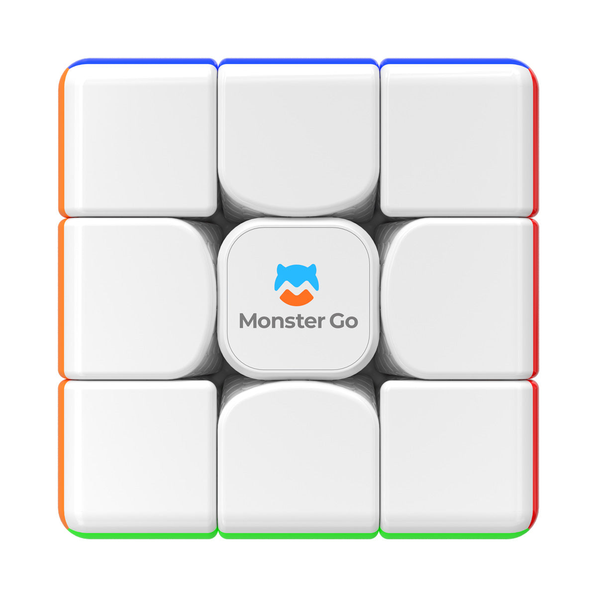 Close-up of a white 3x3 puzzle cube with colored edges and Monster Go logo on center piece