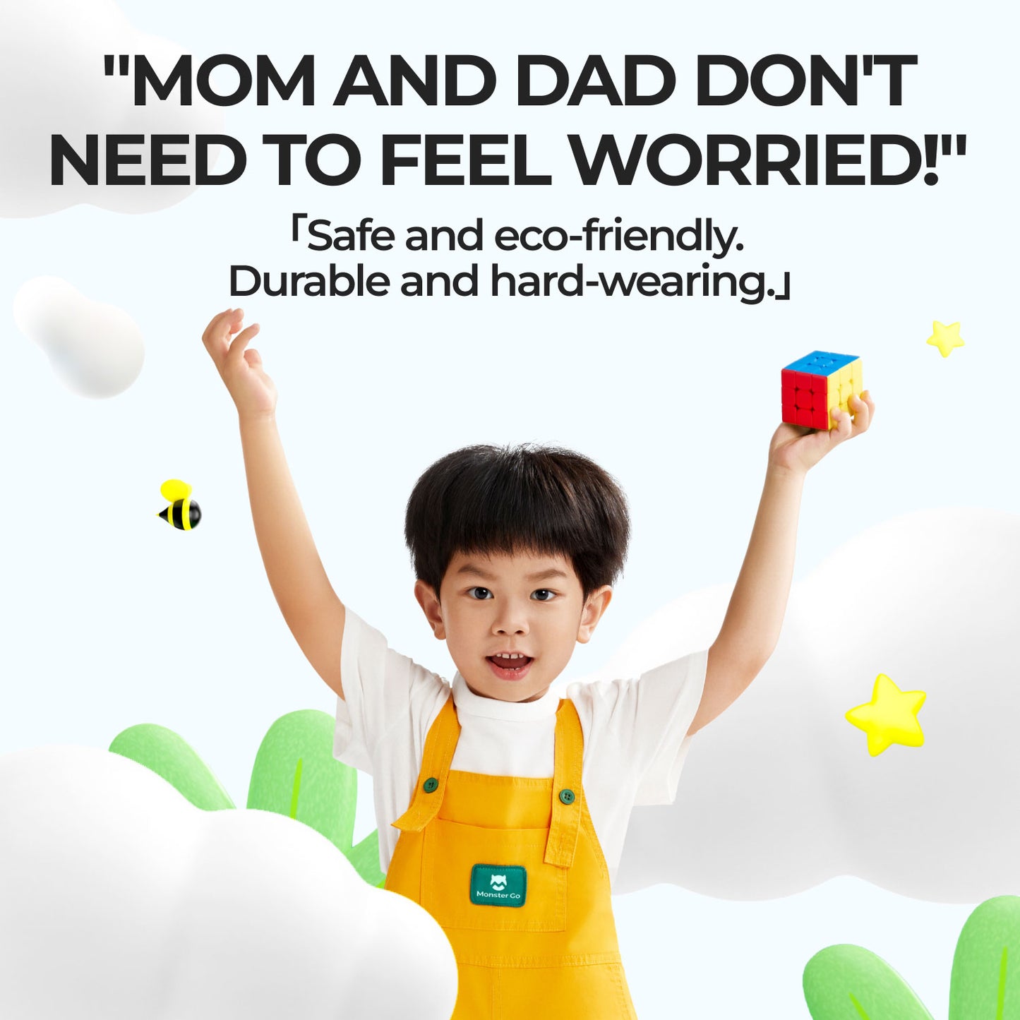 Happy child in yellow overalls holding Rubik's Cube, surrounded by cartoon clouds and stars, promoting safe eco-friendly toys
