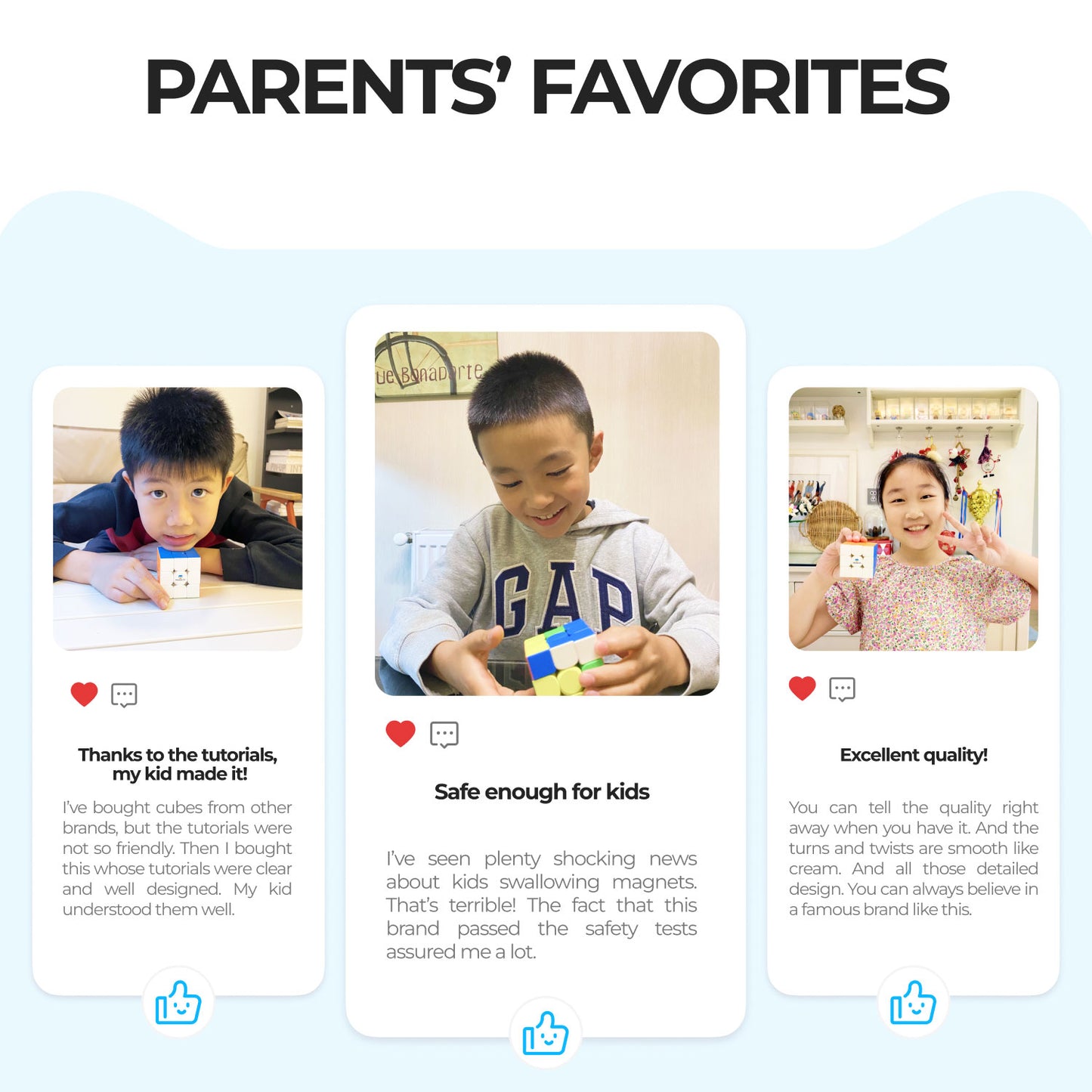 Parents' favorite reviews featuring children smiling and holding colorful 3x3 puzzle cubes