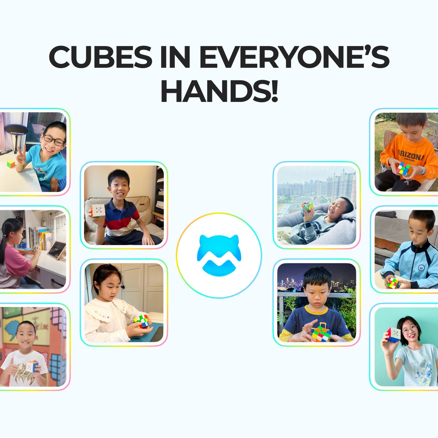Collage of children and teens holding and solving colorful Rubik's cubes with text Cubes in Everyone's Hands
