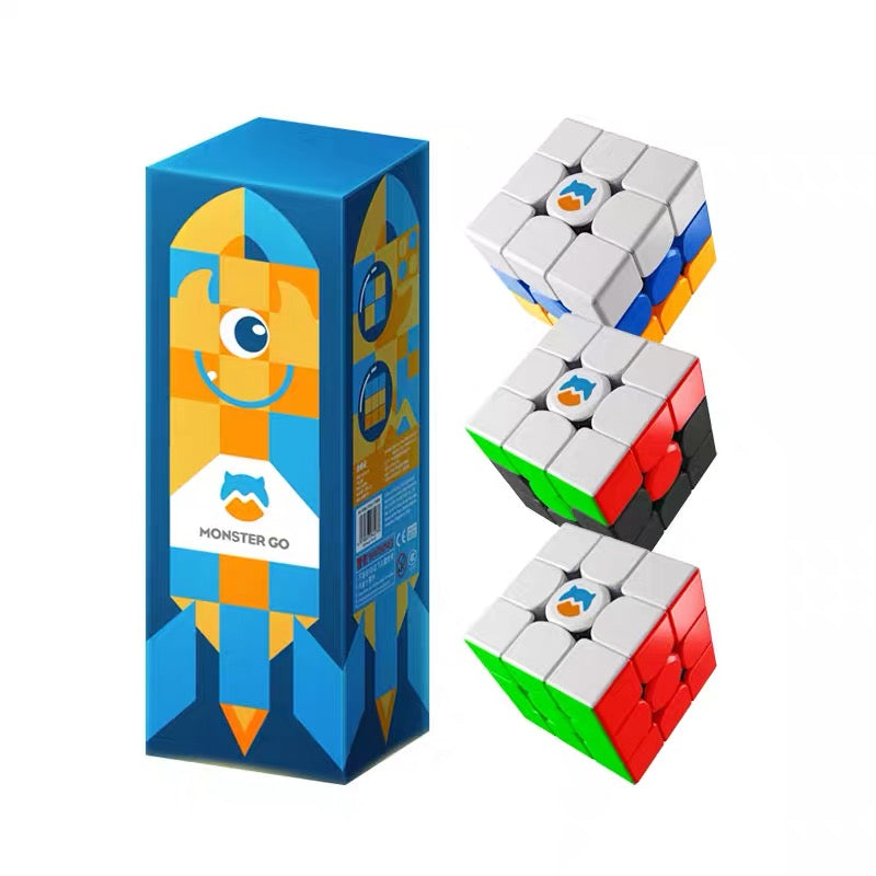 Monster Go 3x3 speed cube puzzle set with blue and orange packaging featuring a cartoon character