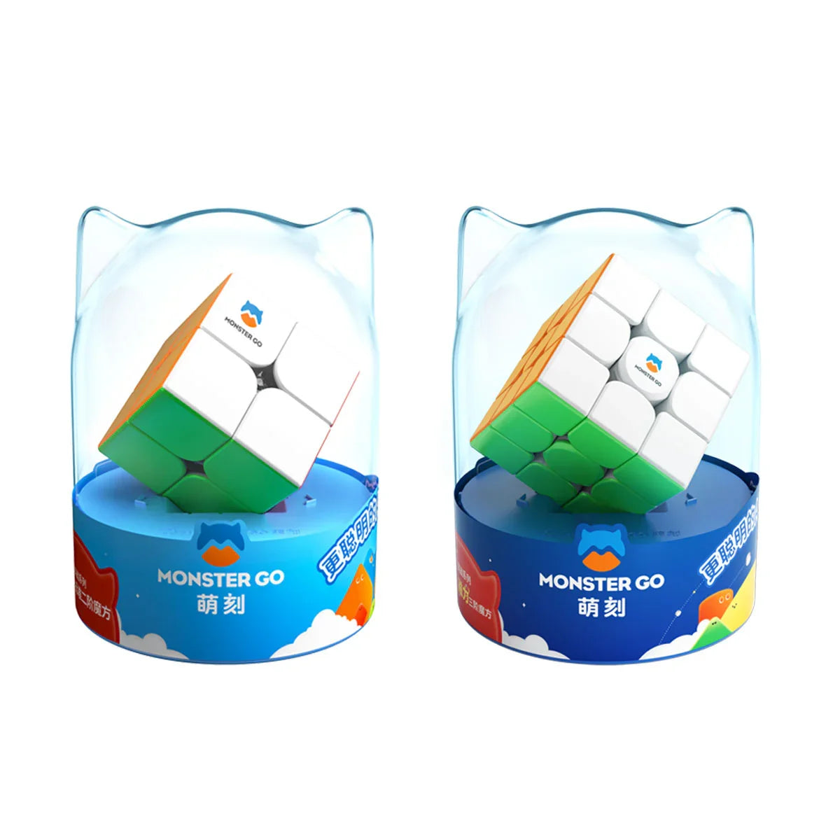 Two Monster Go 3x3 speed cubes in clear cat-ear display cases with blue bases