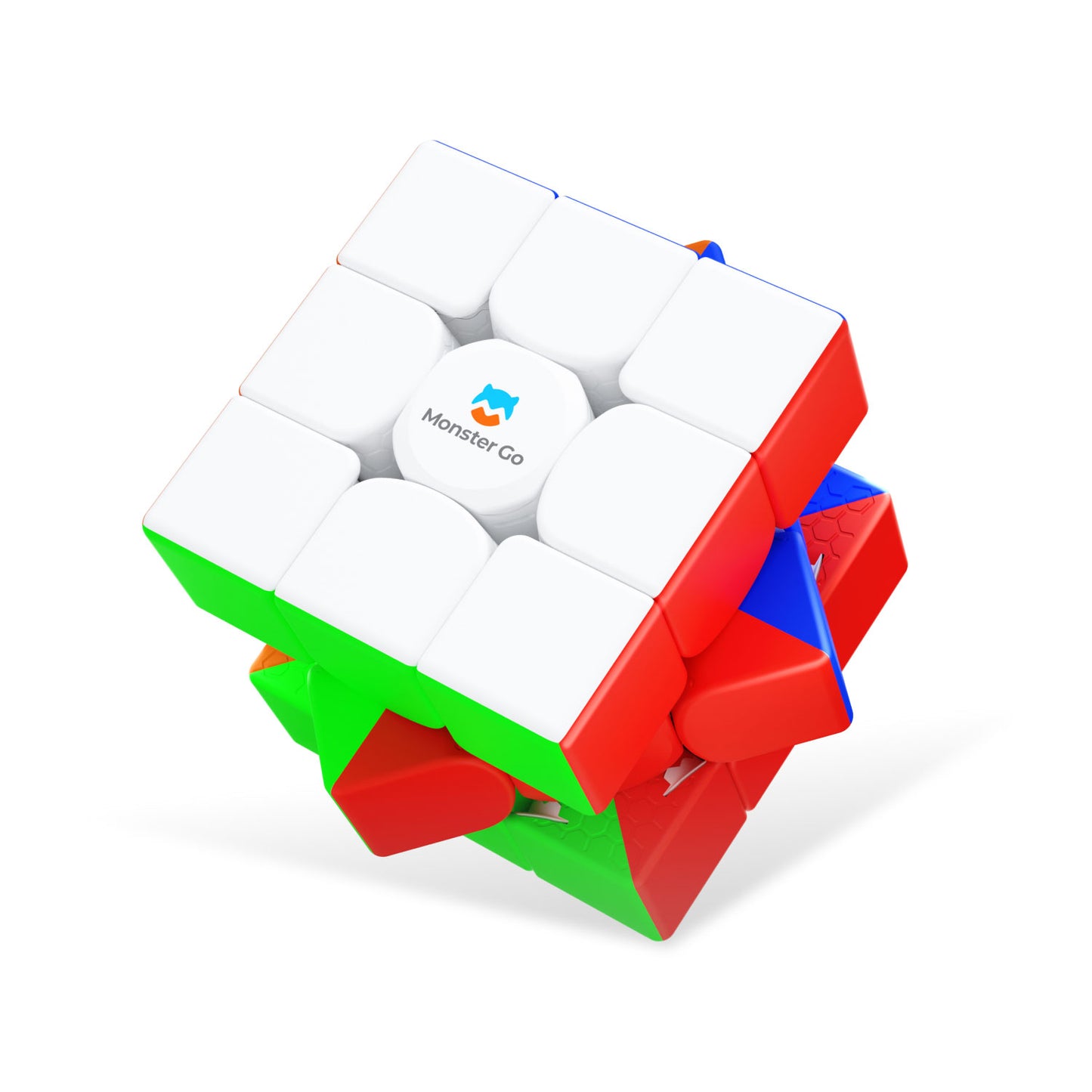 Partially twisted Monster Go magnetic 3x3 Rubik's Cube puzzle with white, red, green, and blue sides