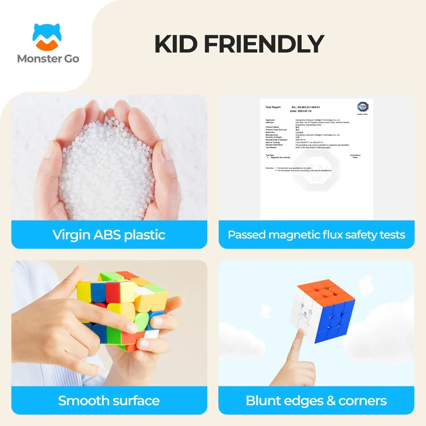 Kid friendly Monster Go cube features virgin ABS plastic, passed magnetic tests, smooth surface, and blunt edges