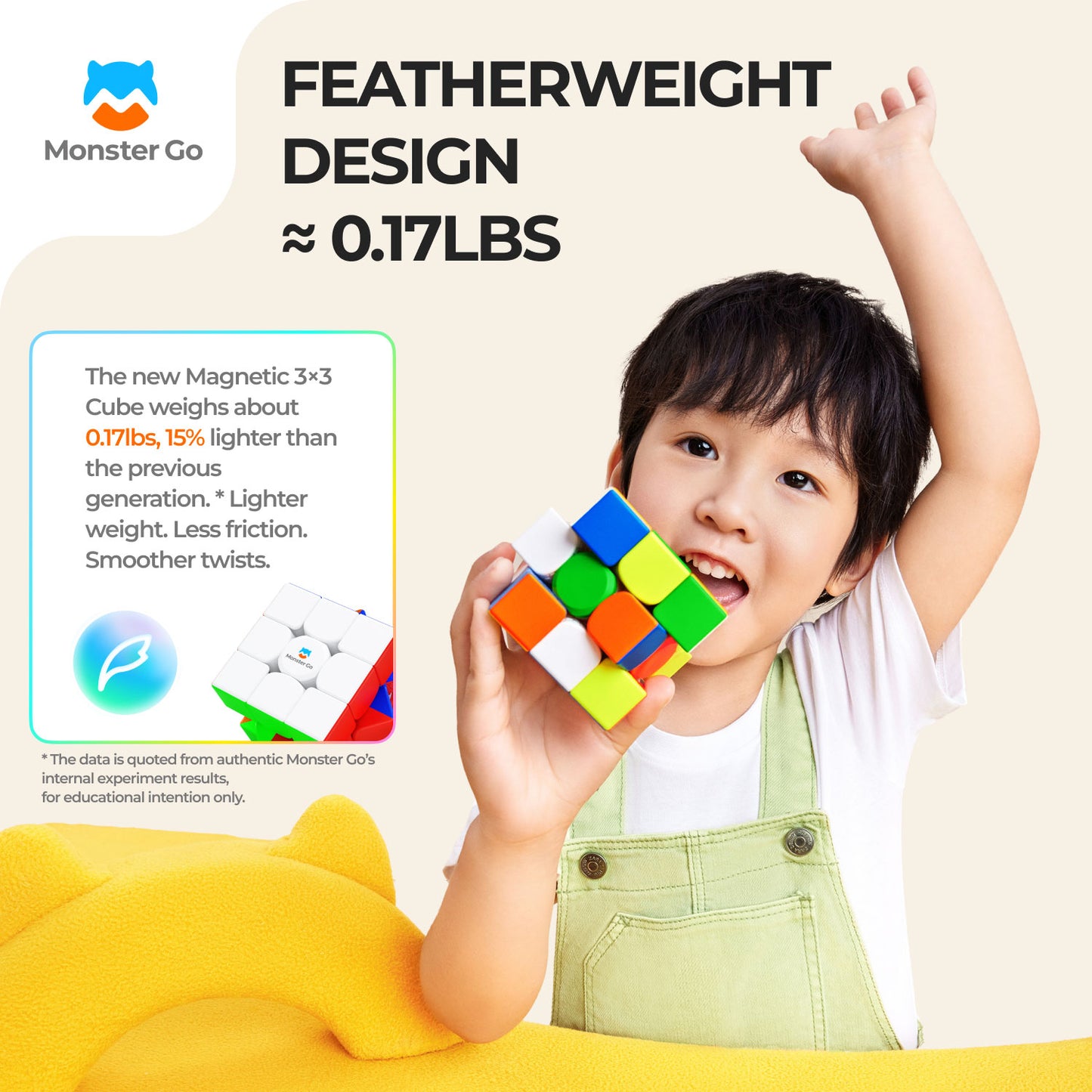 Happy child holding a colorful Monster Go magnetic 3x3 cube puzzle with featherweight design text