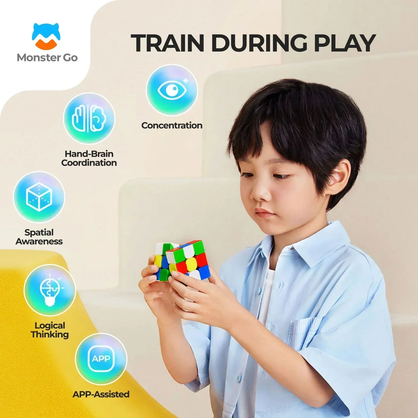 Child playing with Monster Go magnetic 3x3 cube, enhancing concentration and hand-brain coordination
