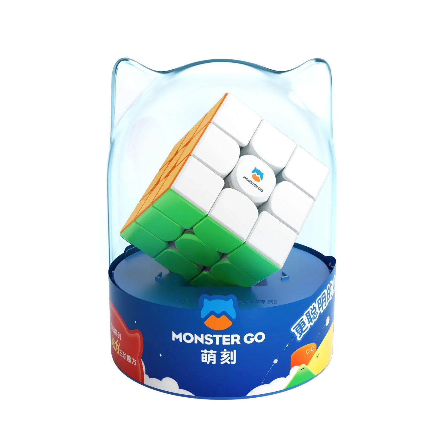 Monster Go 3x3 magnetic Rubik's cube puzzle in blue packaging with cat-ear shaped plastic cover