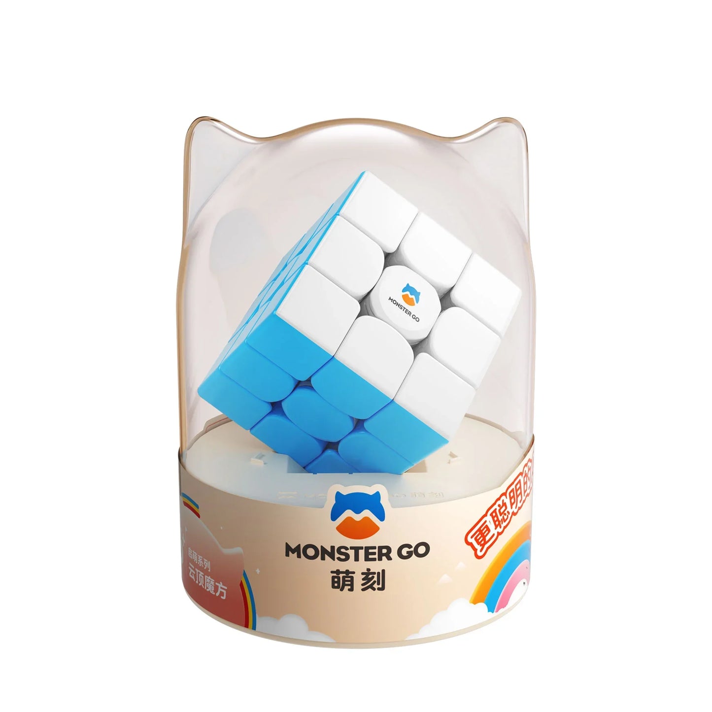 Monster Go 3x3 speed cube puzzle in blue and white colors inside a clear dome-shaped package with colorful branding