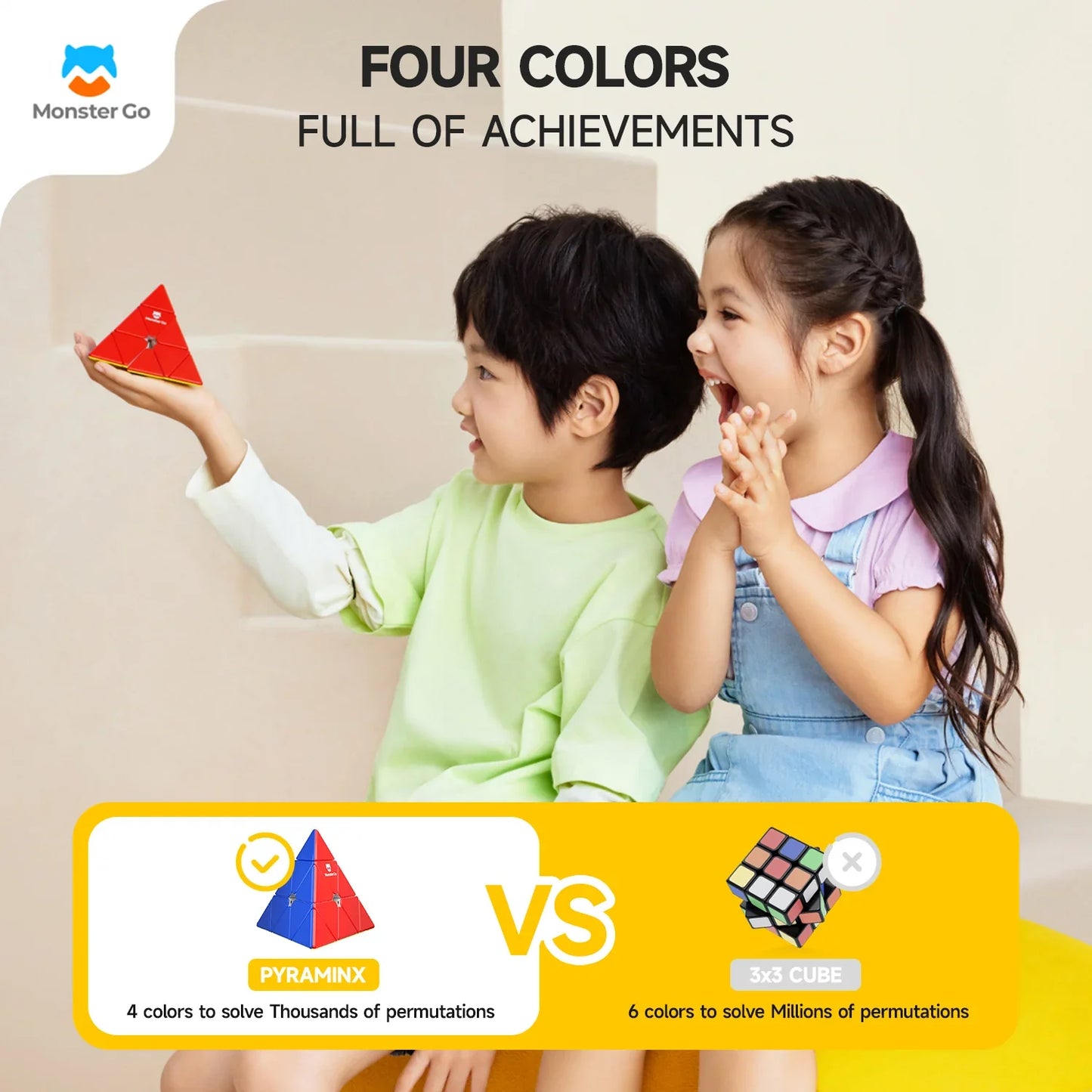 Two children holding a red Monster Go Pyraminx puzzle with four colors, comparing to a 3x3 cube