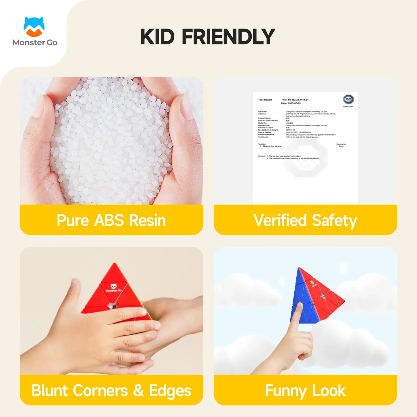 Kid friendly Monster Go Pyraminx made of pure ABS resin with verified safety, blunt edges, and colorful design