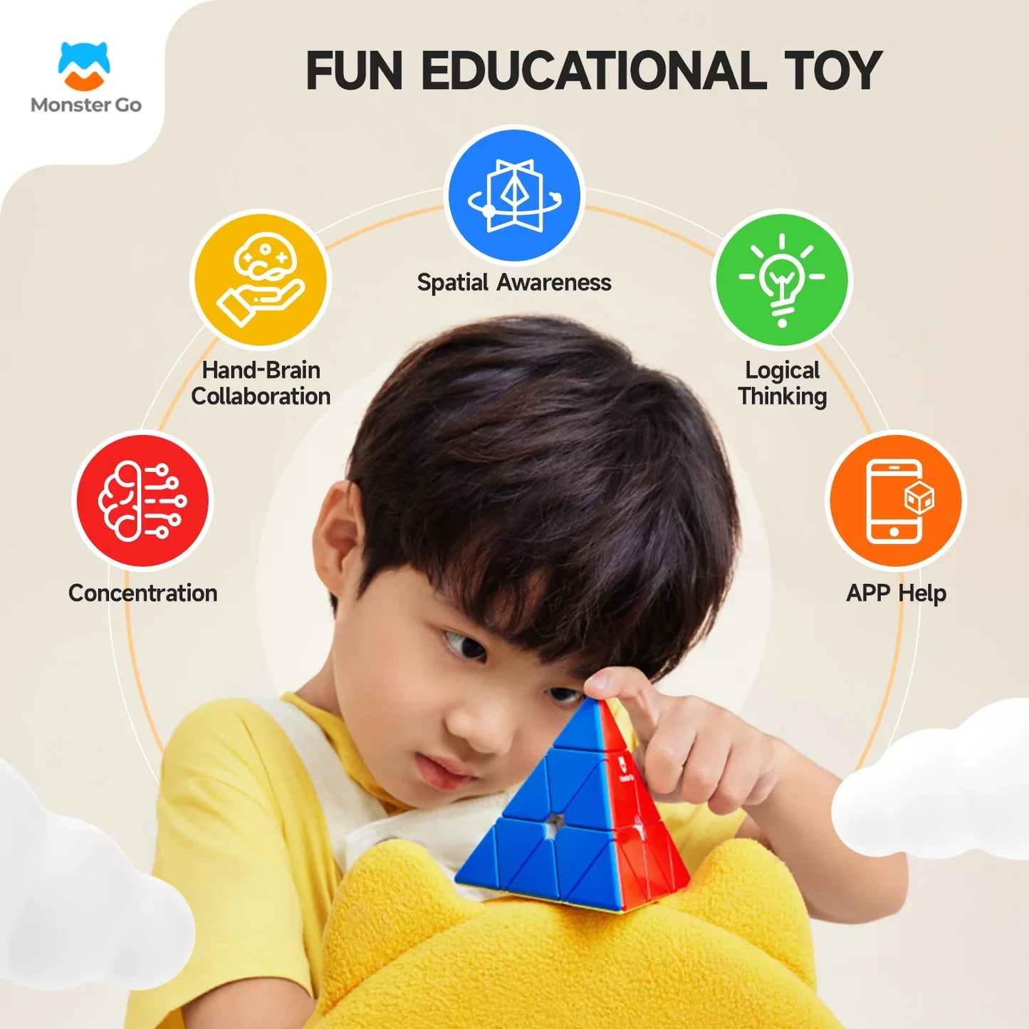 Child focused on solving a colorful Monster Go Pyraminx puzzle toy, enhancing spatial awareness and logical thinking
