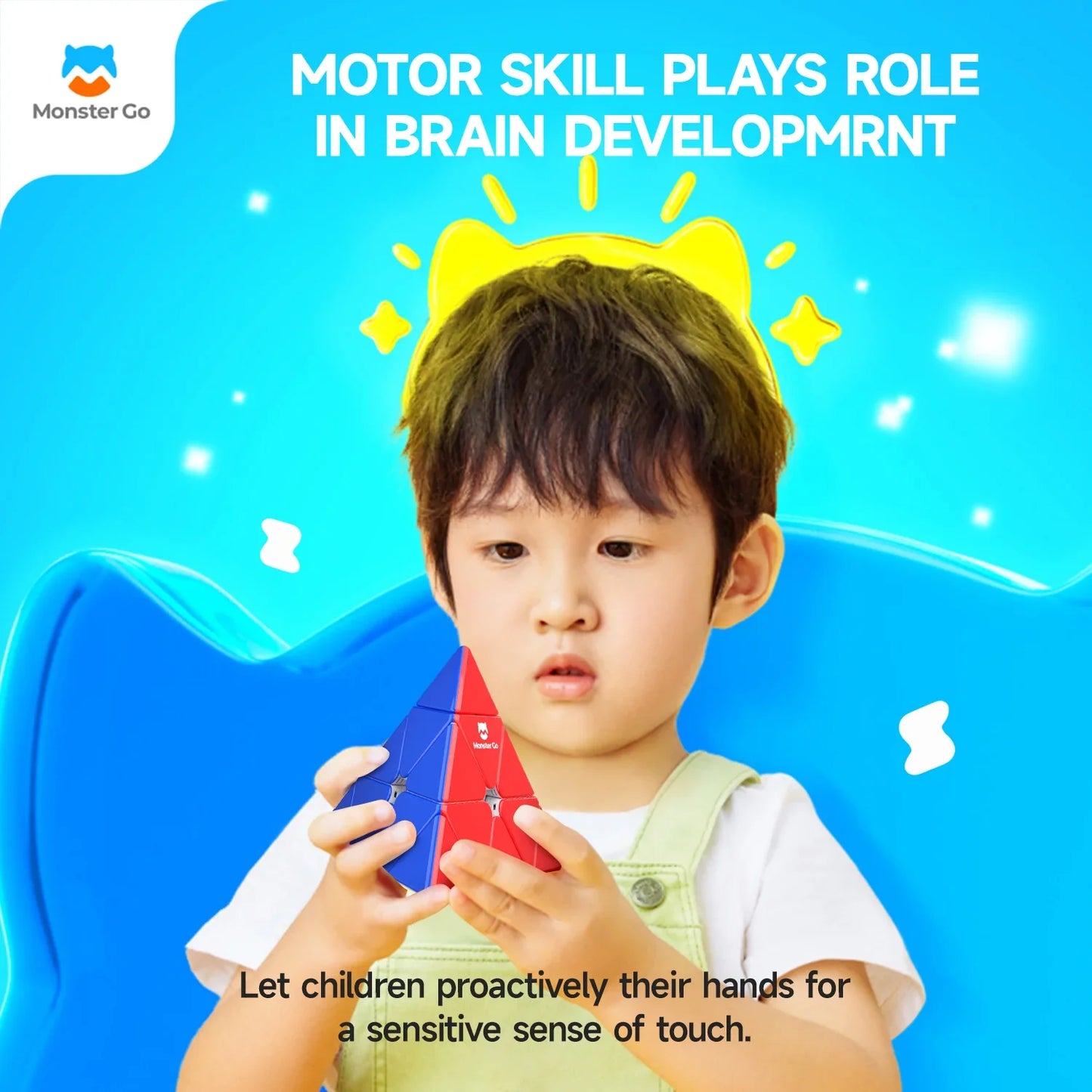 Child playing with Monster Go Pyraminx puzzle against blue background, promoting motor skill brain development