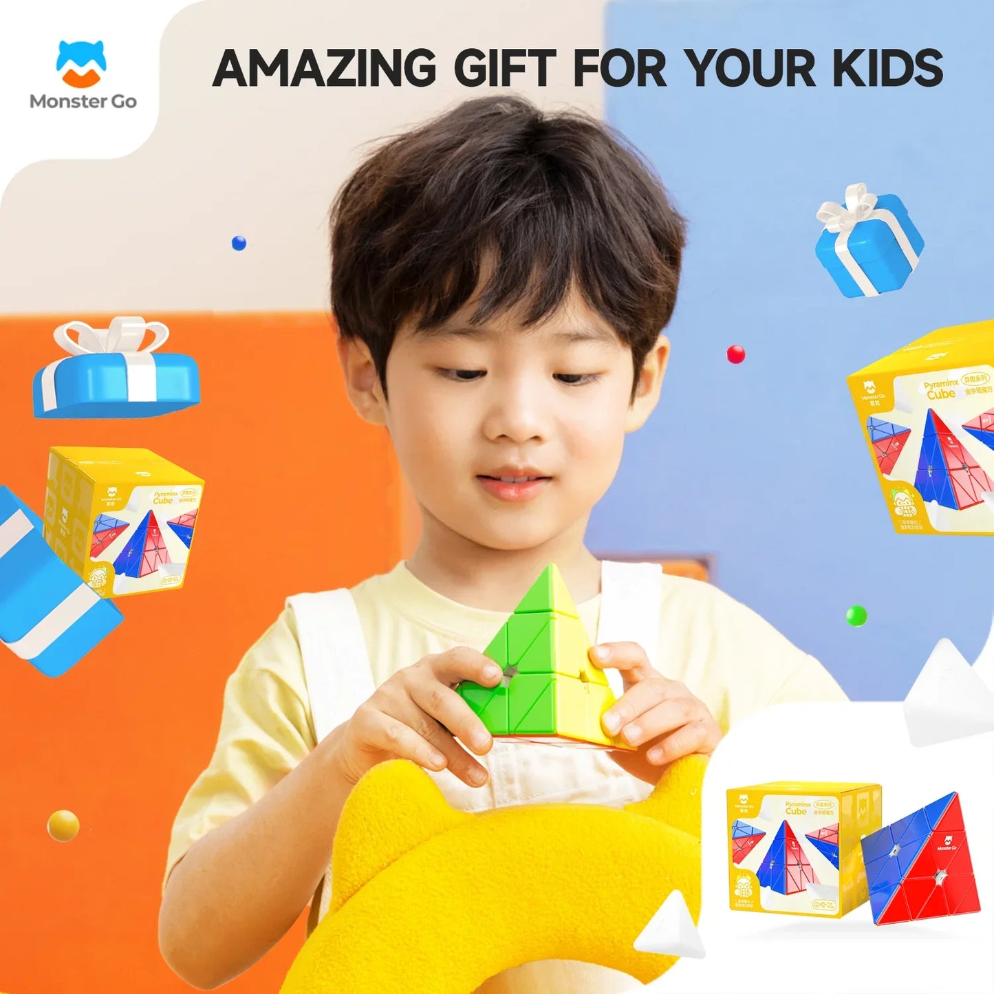 Child playing with colorful Monster Go Pyraminx puzzle cube, toy gift for kids