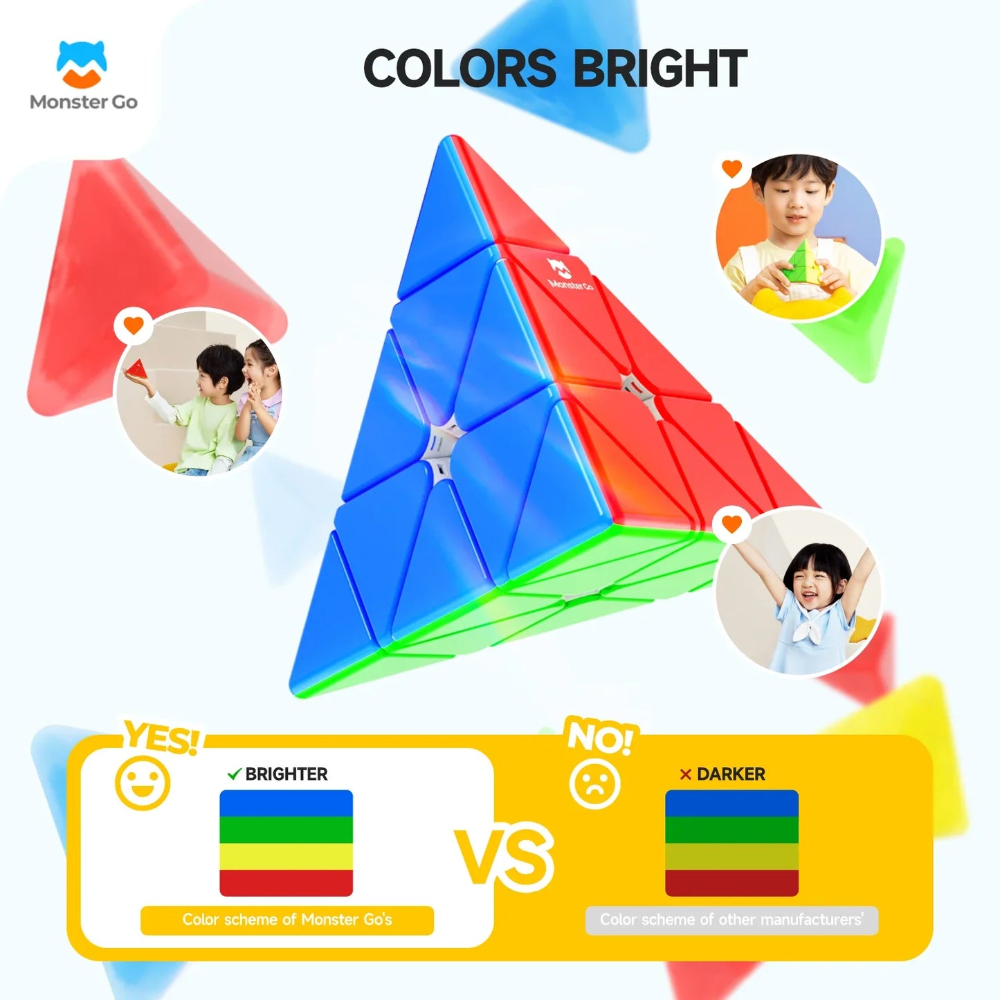 Brightly colored Monster Go Pyraminx puzzle with children playing and contrasting color schemes